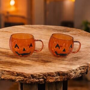 Halloween jack - O - Lantern Mug Set Of Two Orange Black Goth Home Decor
